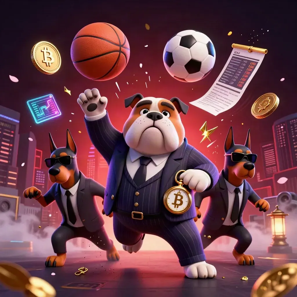 Bulldog mob boss and Dobermans amid flying balls, coins, lightning, petals, and red neon haze.