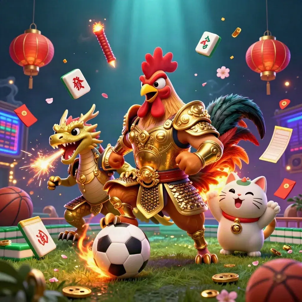 Rooster samurai, dragon hatchling and fortune cat amid casino sports effects, ground-level action.