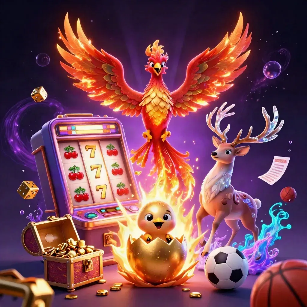 Low-angle fantasy casino key art: phoenix, stag, slot burst, gold dice, sports balls, purple-gold glow