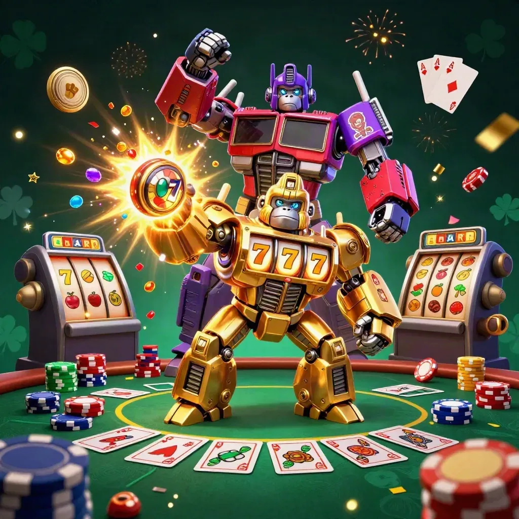 Golden gorilla mech with monkey pilot, poker chaos, chips, aces, and jackpot effects in regal casino lighting.