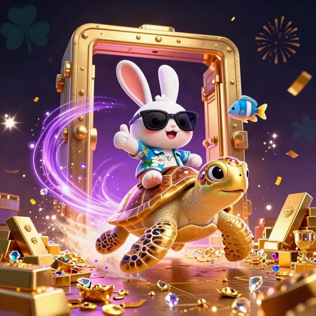 Lucky rabbit rides a jeweled sea turtle as treasure bursts from a glowing vault in purple-gold casino magic.