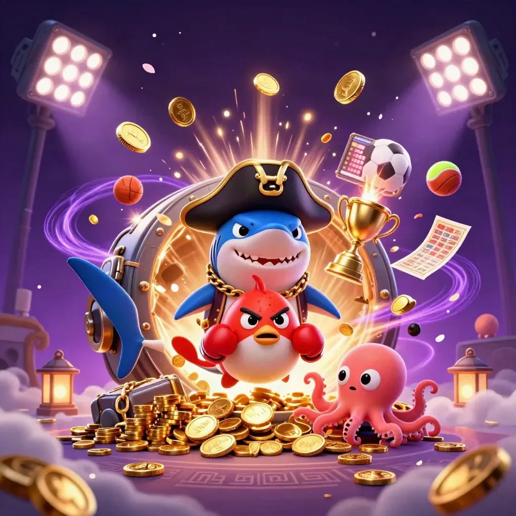 Pirate shark, boxing pufferfish, and coin-juggling octopus amid vault coins and fireworks.
