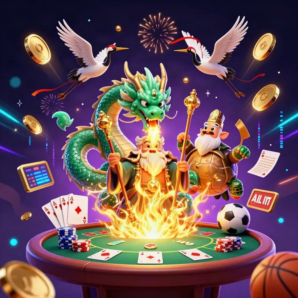 Emerald dragon, turtle sage, and cranes amid coins, fireworks, poker gear, and neon casino energy.