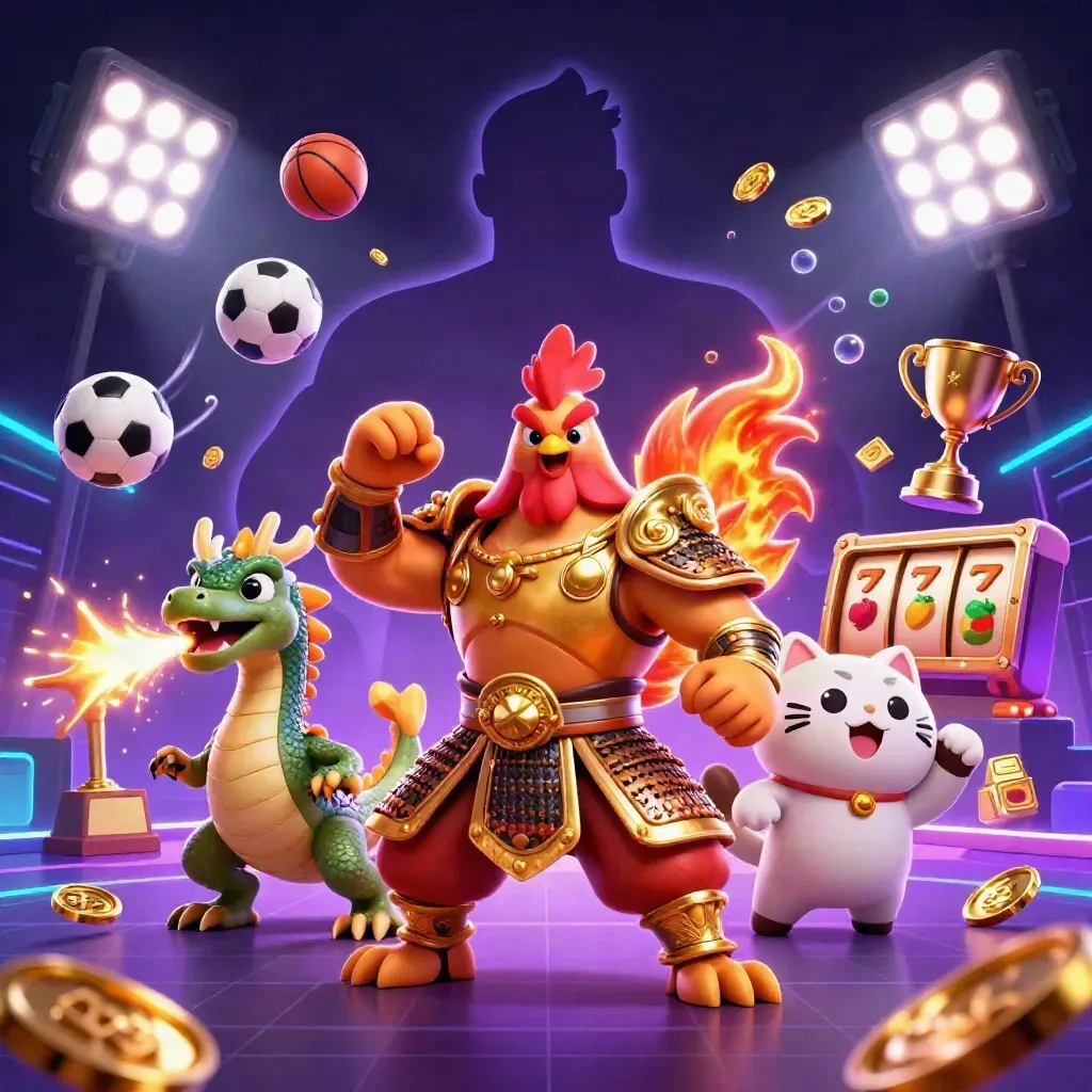 Rooster warrior, dragon hatchling, and fortune-cat amid casino game bursts on a neon dark background.